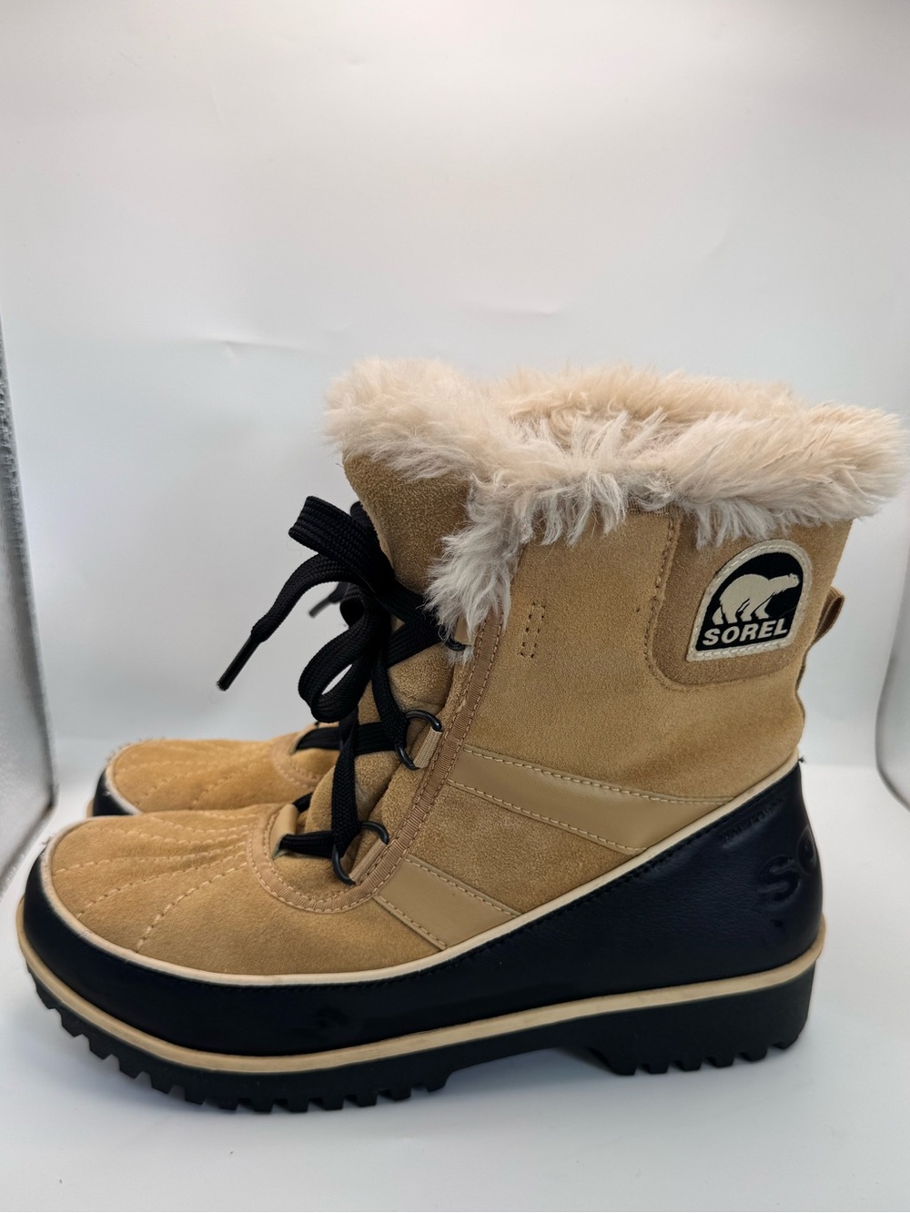 Sorel Tivoli Tan Black Suede Faux Fur Waterproof Winter Boots 7